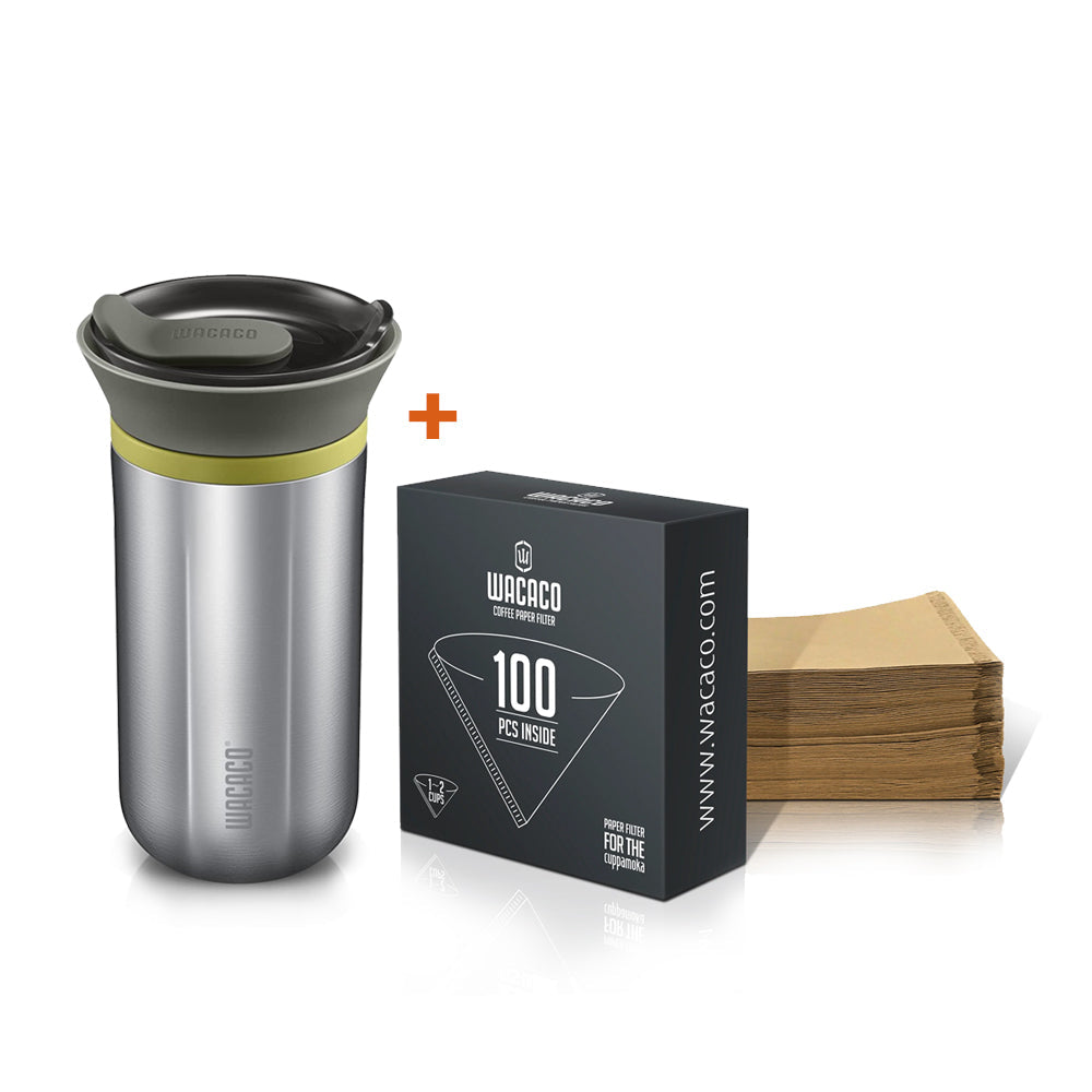 BUNDLE - Cuppamoka Pour Over Coffee Maker | Stainless Steel + Paper Filter Cuppamoka Coffee Filters 100 Packs